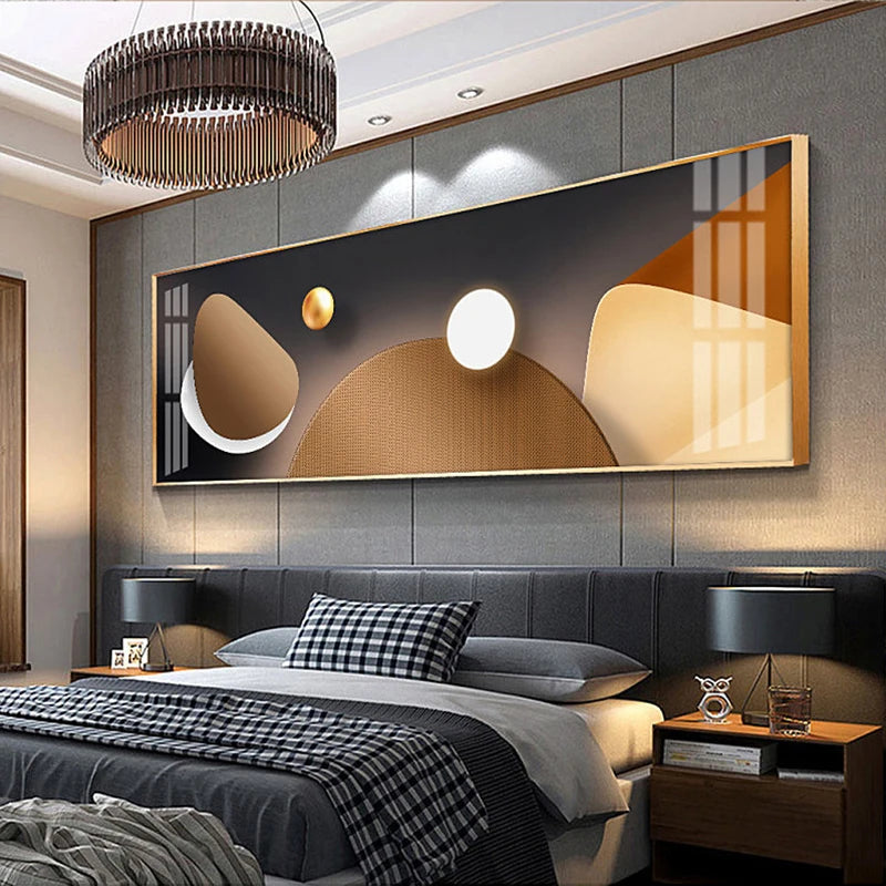 Modern bedroom with abstract wall art, bed, and nightstands.