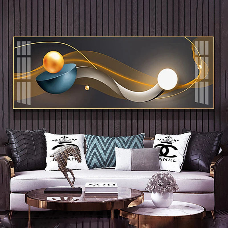 Modern living room with a large abstract painting on the wall above a sofa.