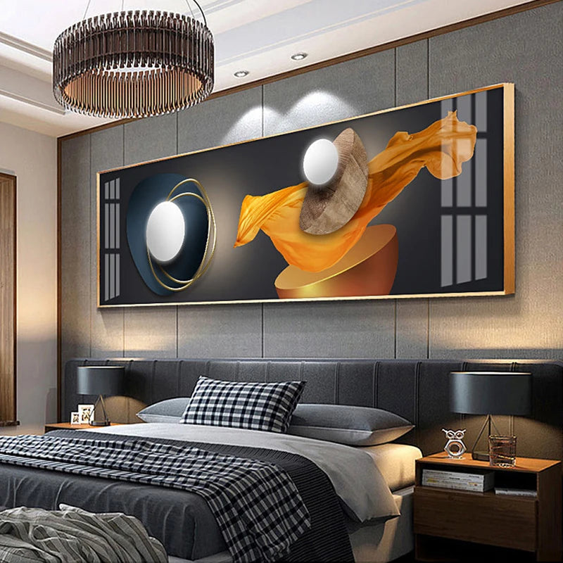 Modern bedroom with a large abstract painting on the wall