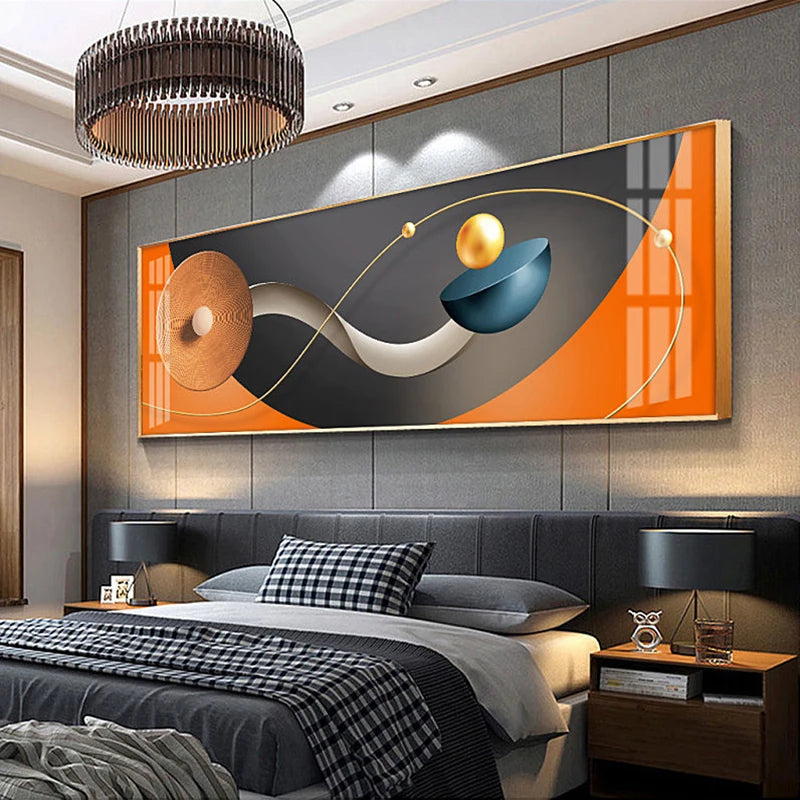Modern bedroom with abstract wall art, bed, and nightstands.