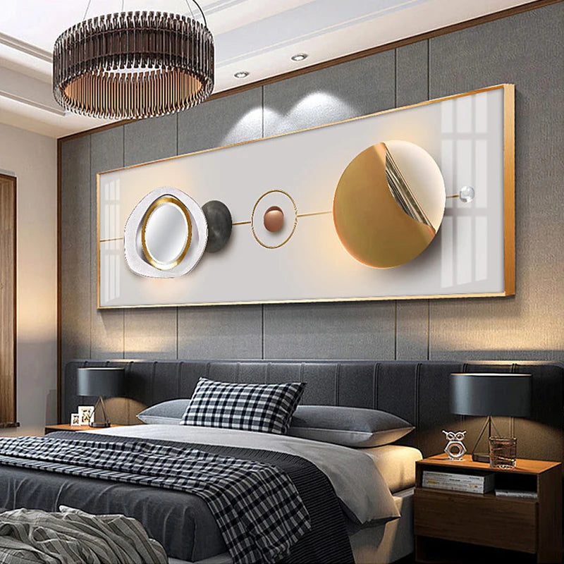 Modern bedroom with abstract wall art, bed, and nightstands.