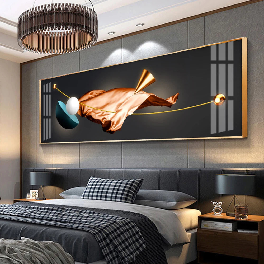 Modern bedroom with a large abstract painting on the wall