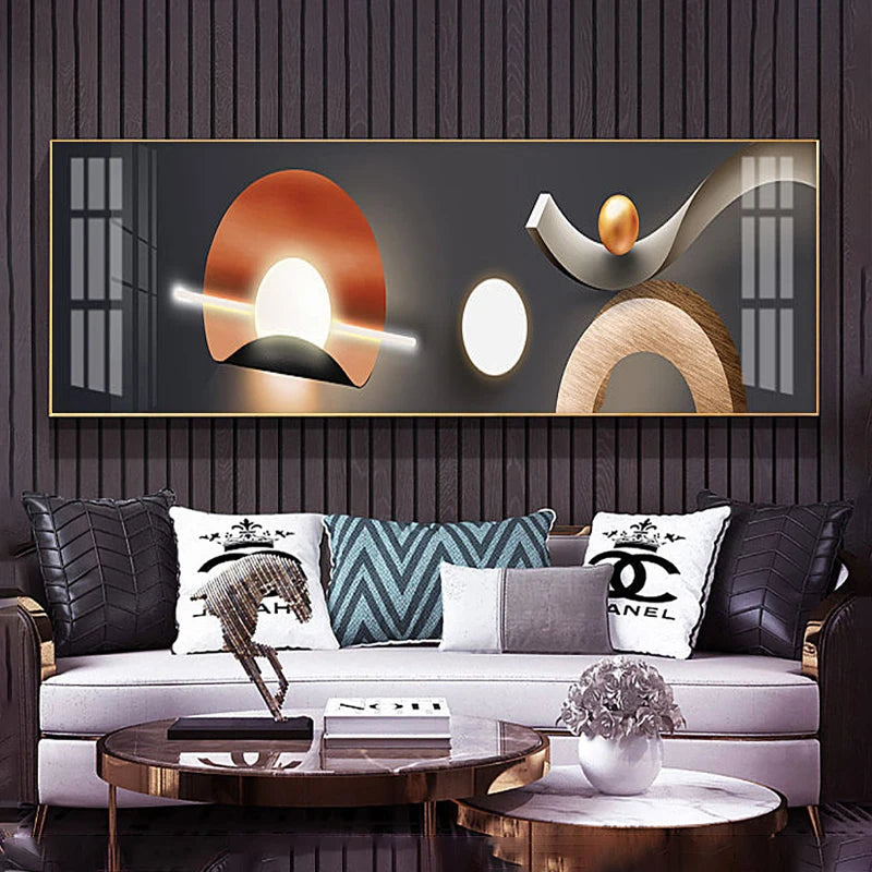Modern living room with a large abstract painting on the wall and a white sofa with decorative pillows.