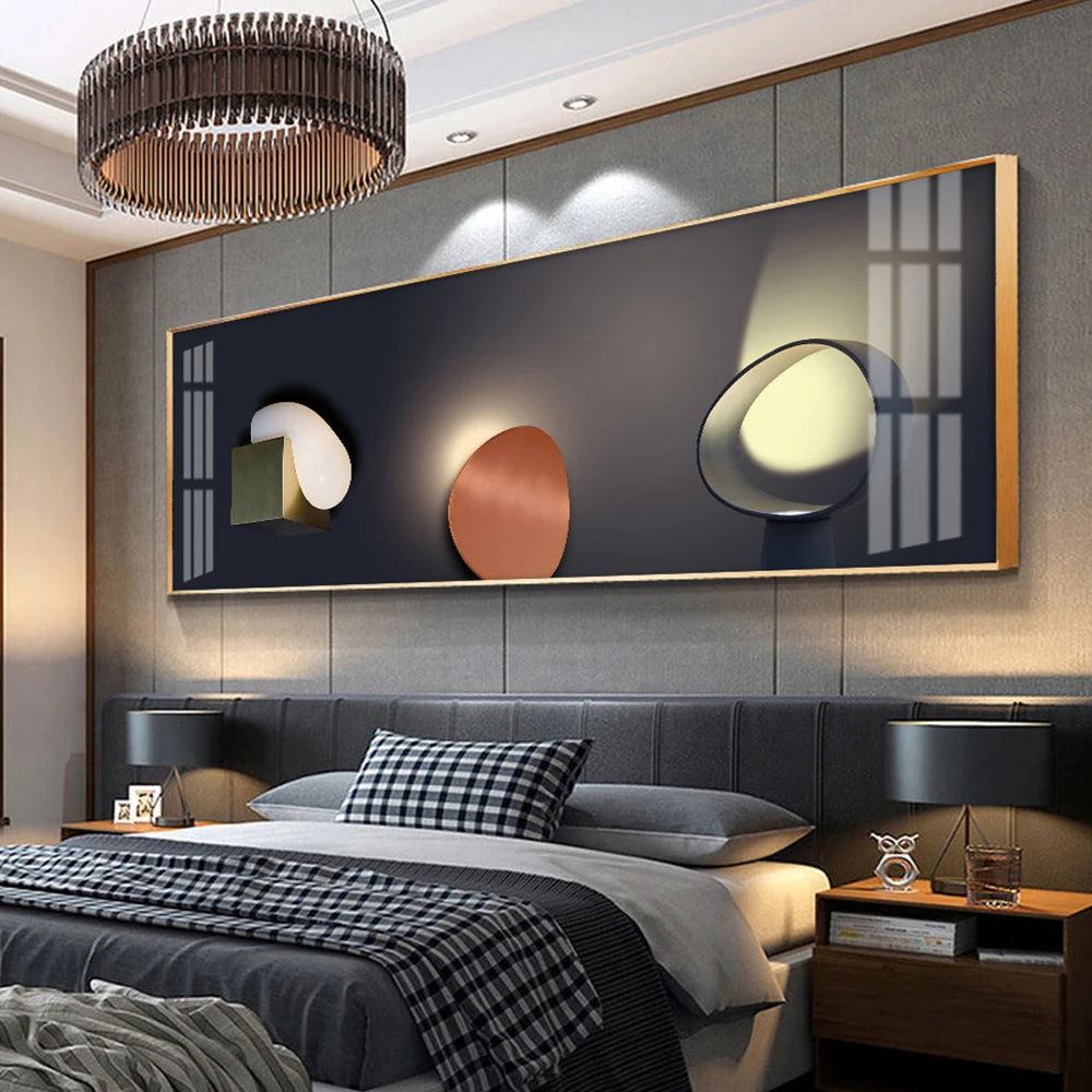 Modern bedroom with abstract wall art, bed, and nightstands.