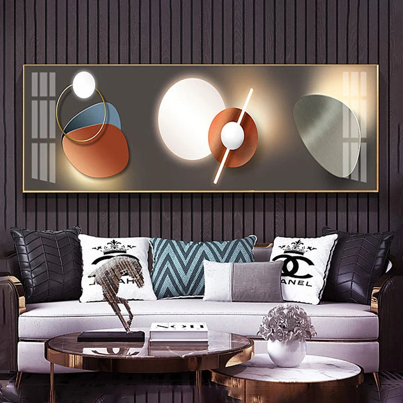 Modern living room with a large abstract wall art piece, stylish sofa, and decorative items.