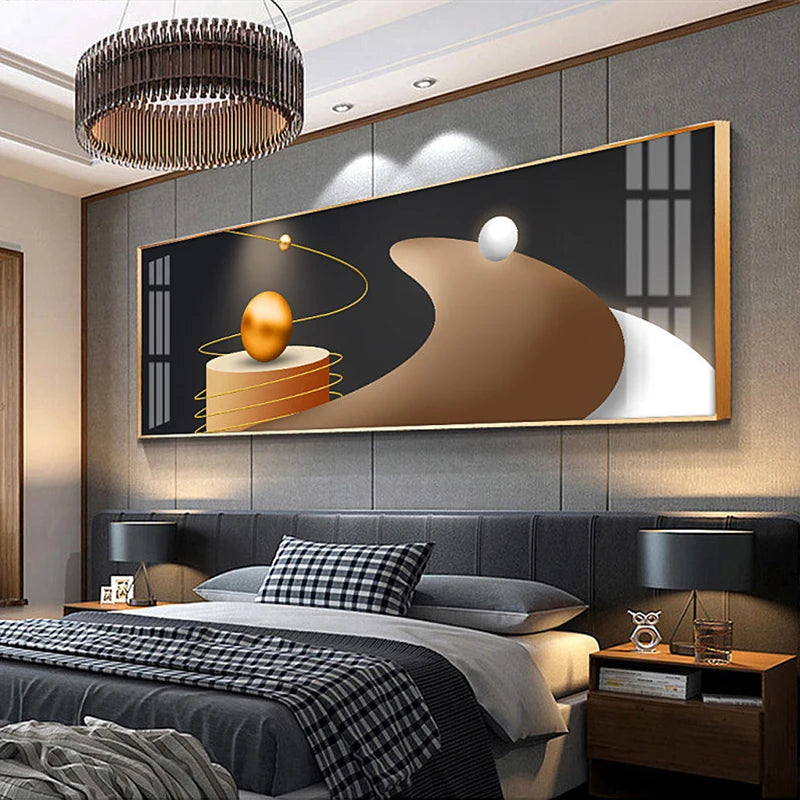 Modern bedroom with abstract wall art above a bed