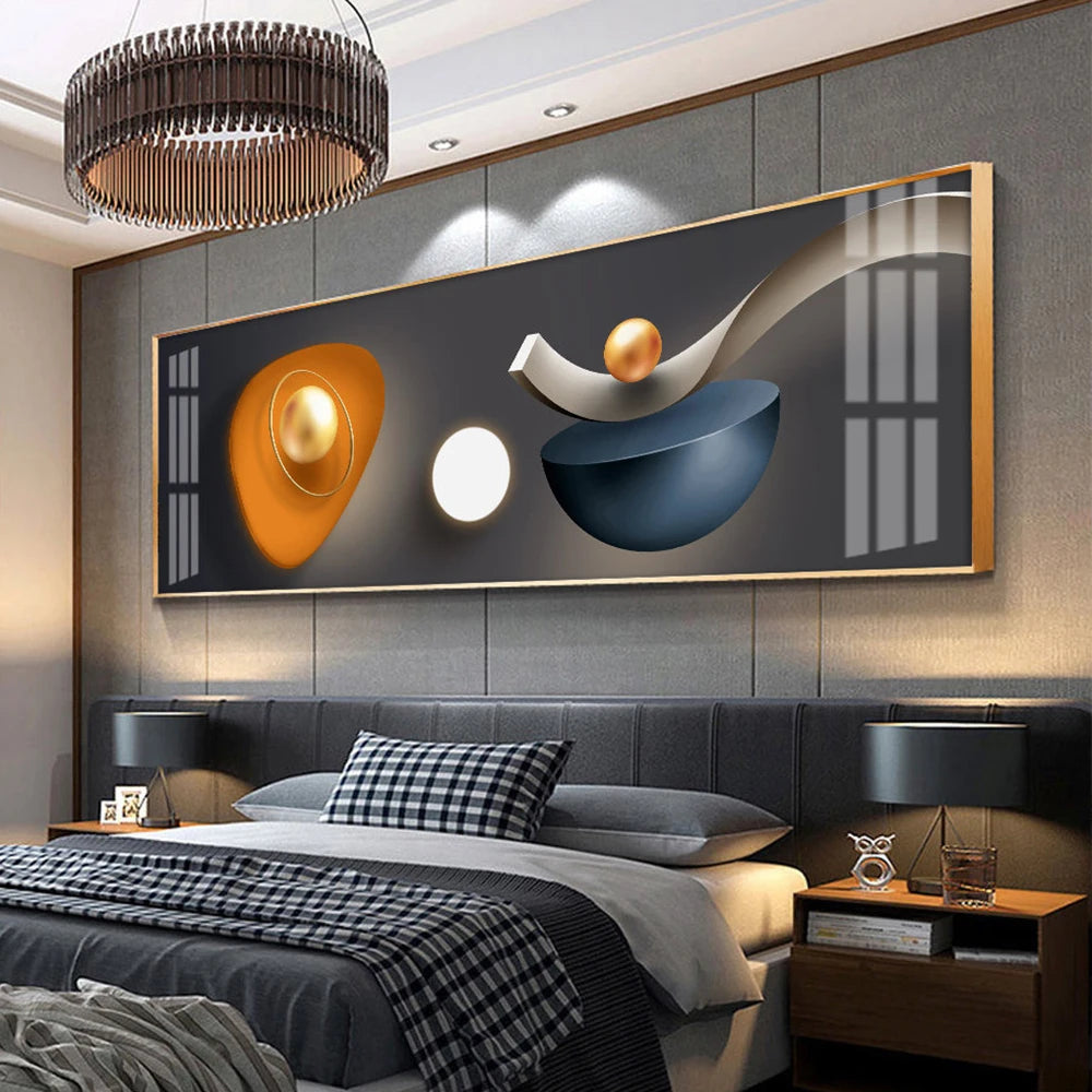 Modern bedroom with abstract wall art and decorative elements.