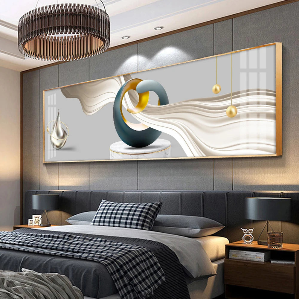 Modern bedroom with abstract wall art above a bed