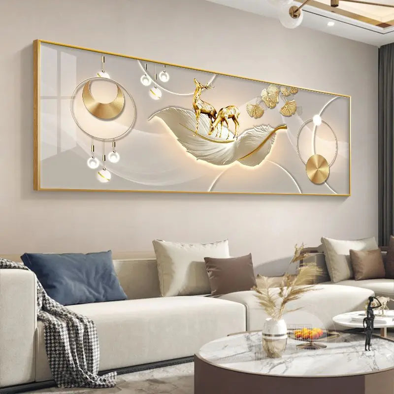 Modern Abstract Auspicious Golden Deer Landscape Wall Art Fine Art Canvas Print Wide Format Feng Shui Artwork For Living Room Above The Sofa