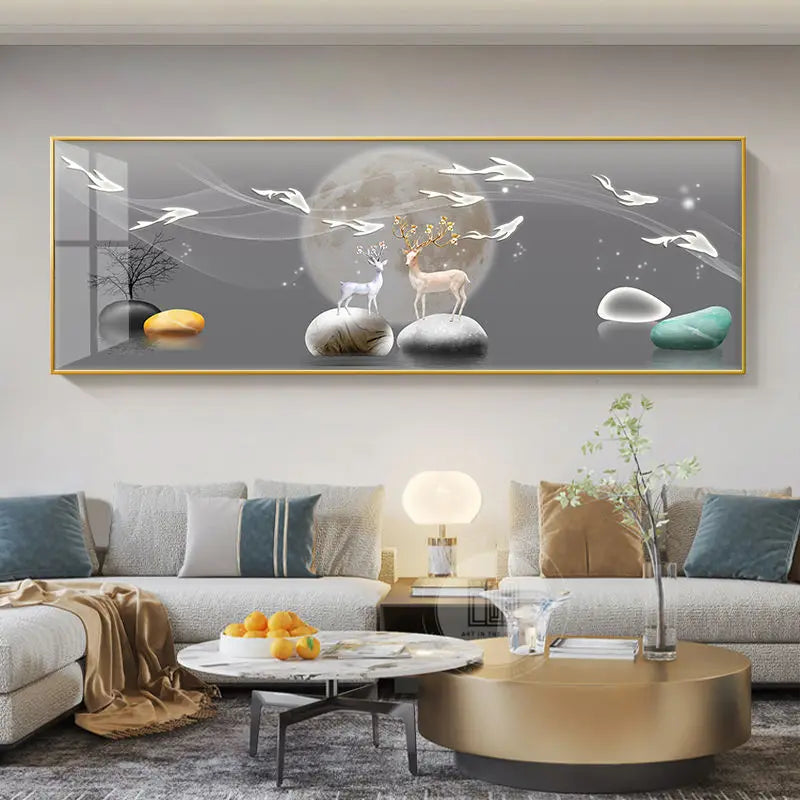 Modern Abstract Auspicious Golden Deer Landscape Wall Art Fine Art Canvas Print Wide Format Feng Shui Artwork For Living Room Above The Sofa