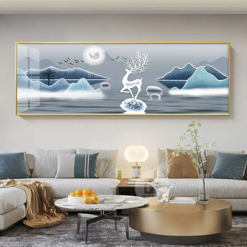 Modern Abstract Auspicious Golden Deer Landscape Wall Art Fine Art Canvas Print Wide Format Feng Shui Artwork For Living Room Above The Sofa