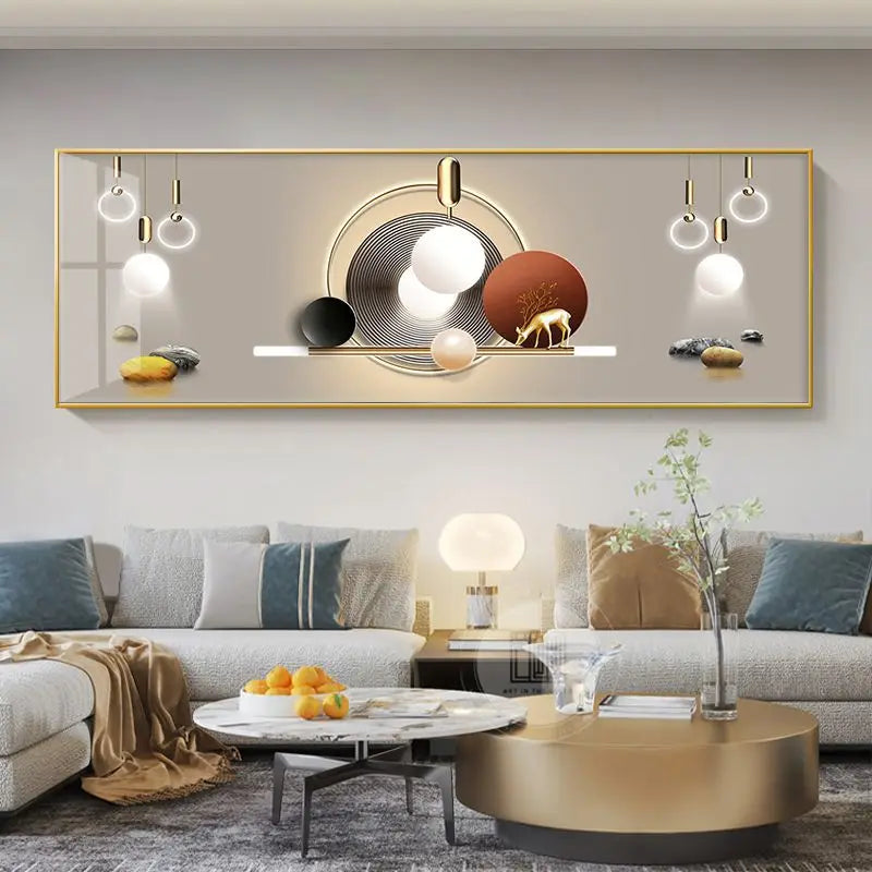 Modern living room with decorative wall art, sofa, and coffee table.