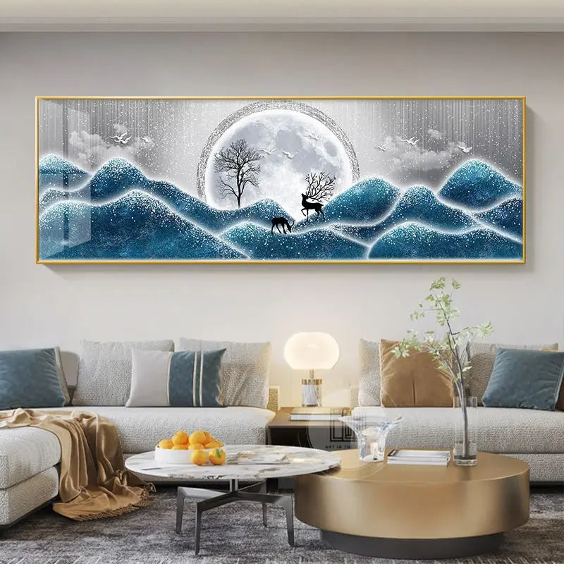 Living room with a large decorative wall painting of mountains and deer, modern furniture, and a cozy atmosphere.