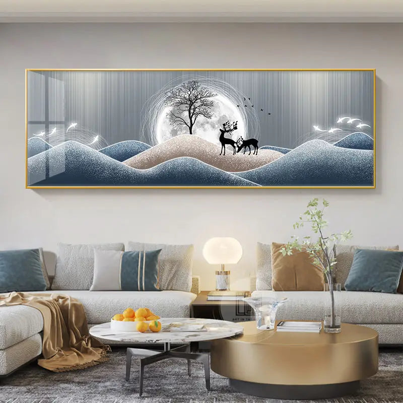 Modern Abstract Auspicious Golden Deer Landscape Wall Art Fine Art Canvas Print Wide Format Feng Shui Artwork For Living Room Above The Sofa