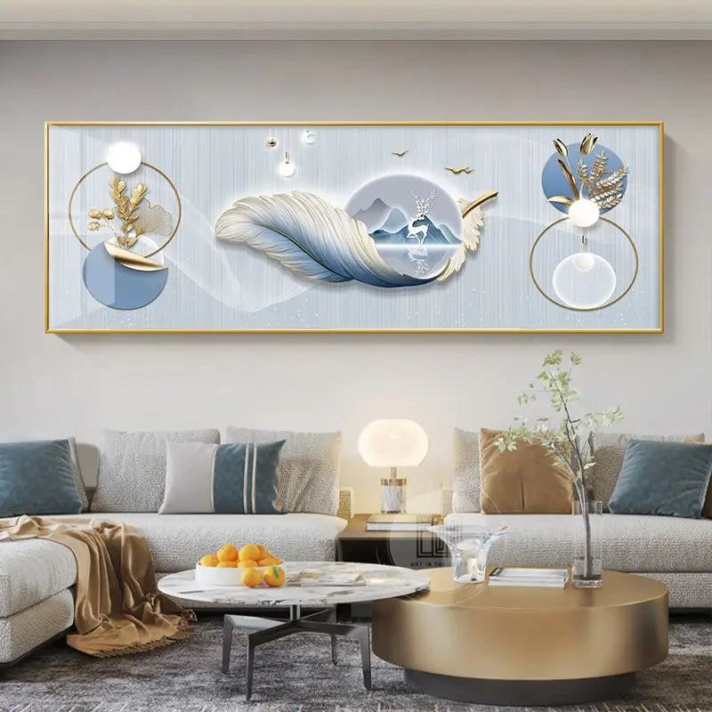 Modern Abstract Auspicious Golden Deer Landscape Wall Art Fine Art Canvas Print Wide Format Feng Shui Artwork For Living Room Above The Sofa