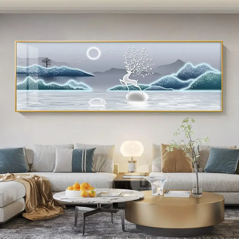 Modern Abstract Auspicious Golden Deer Landscape Wall Art Fine Art Canvas Print Wide Format Feng Shui Artwork For Living Room Above The Sofa