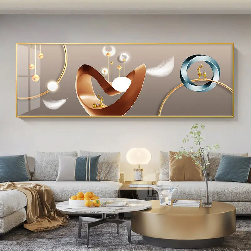 Modern Abstract Auspicious Golden Deer Landscape Wall Art Fine Art Canvas Print Wide Format Feng Shui Artwork For Living Room Above The Sofa