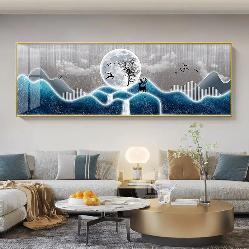 Modern Abstract Auspicious Golden Deer Landscape Wall Art Fine Art Canvas Print Wide Format Feng Shui Artwork For Living Room Above The Sofa