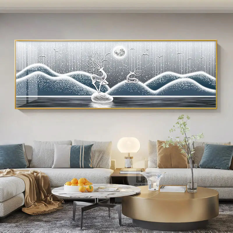 Modern Abstract Auspicious Golden Deer Landscape Wall Art Fine Art Canvas Print Wide Format Feng Shui Artwork For Living Room Above The Sofa