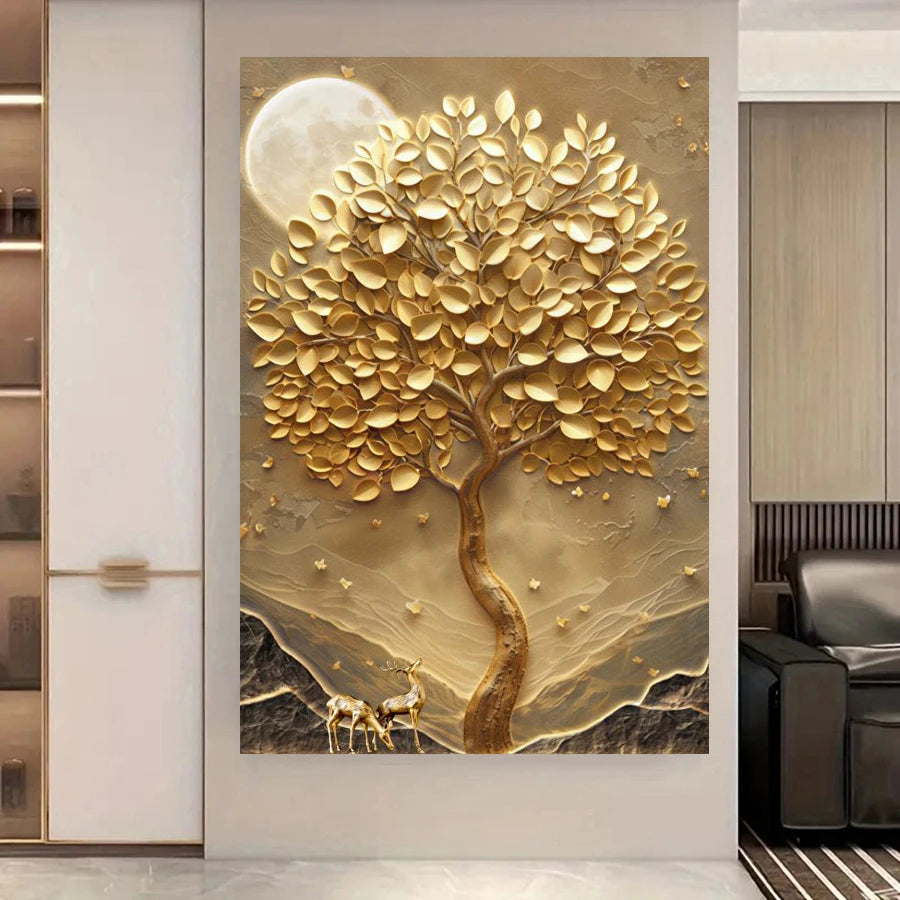 Modern Abstract Auspicious Golden Deer Tree Of Life Wall Art Fine Art Canvas Prints Pictures For Living Room Foyer Art Light Luxury Home Decor