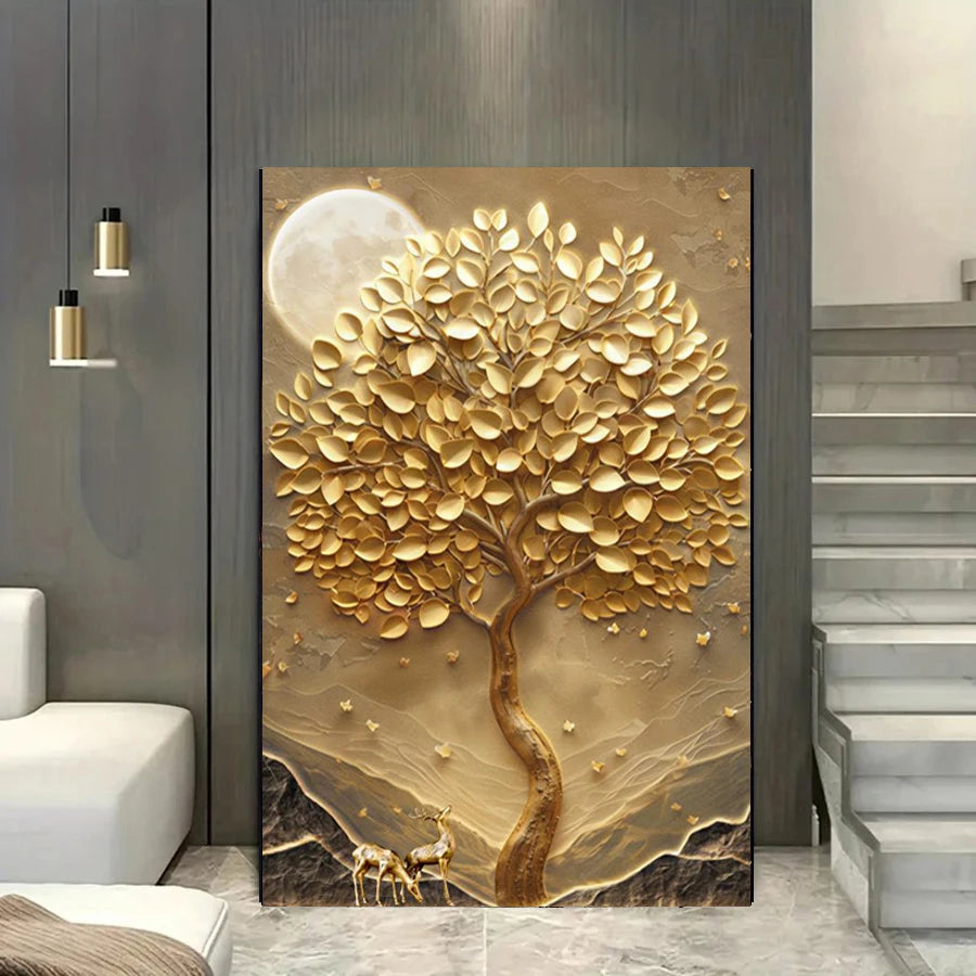 Modern Abstract Auspicious Golden Deer Tree Of Life Wall Art Fine Art Canvas Prints Pictures For Living Room Foyer Art Light Luxury Home Decor