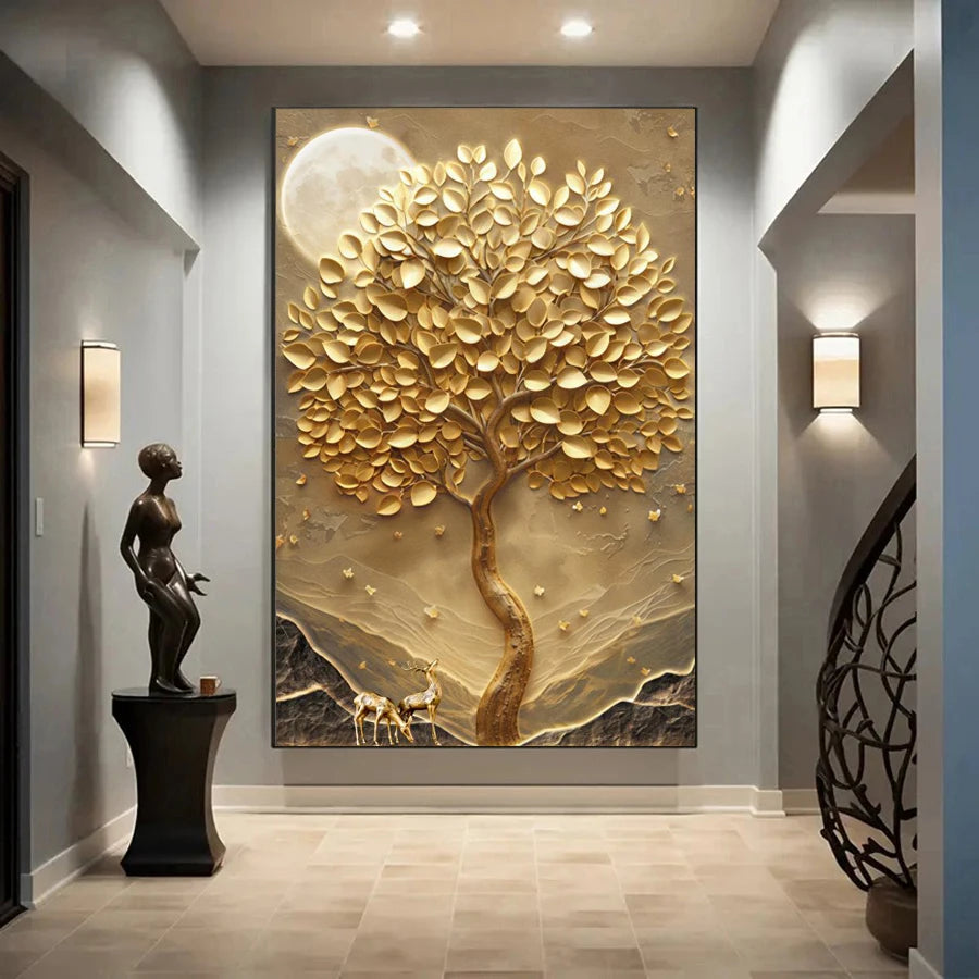Modern Abstract Auspicious Golden Deer Tree Of Life Wall Art Fine Art Canvas Prints Pictures For Living Room Foyer Art Light Luxury Home Decor 2025