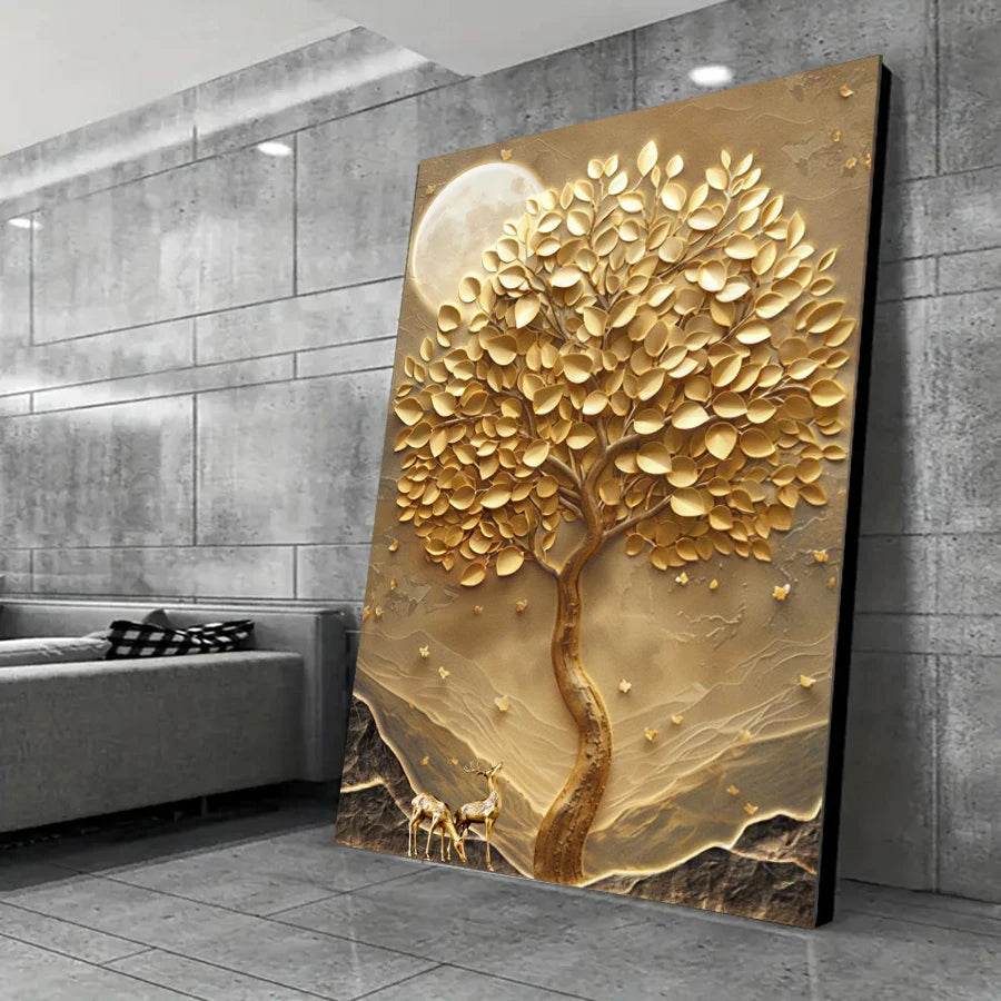 Modern Abstract Auspicious Golden Deer Tree Of Life Wall Art Fine Art Canvas Prints Pictures For Living Room Foyer Art Light Luxury Home Decor 2025