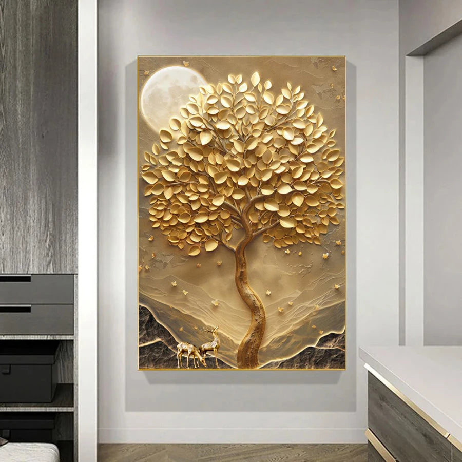 Modern Abstract Auspicious Golden Deer Tree Of Life Wall Art Fine Art Canvas Prints Pictures For Living Room Foyer Art Light Luxury Home Decor 2025