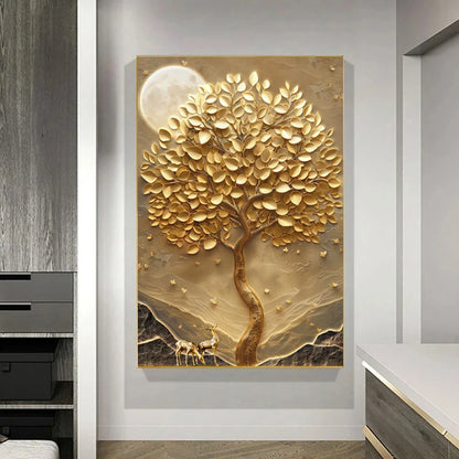 Modern Abstract Auspicious Golden Deer Tree Of Life Wall Art Fine Art Canvas Prints Pictures For Living Room Foyer Art Light Luxury Home Decor 2025