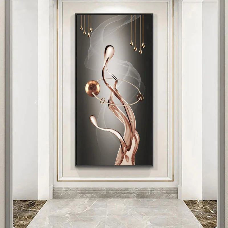 Modern Abstract Auspicious Golden Flowing Ribbon Wall Art Fine Art Canvas Prints Pictures For Living Room Entryway Reception Room Light Luxury Foyer Art Decor