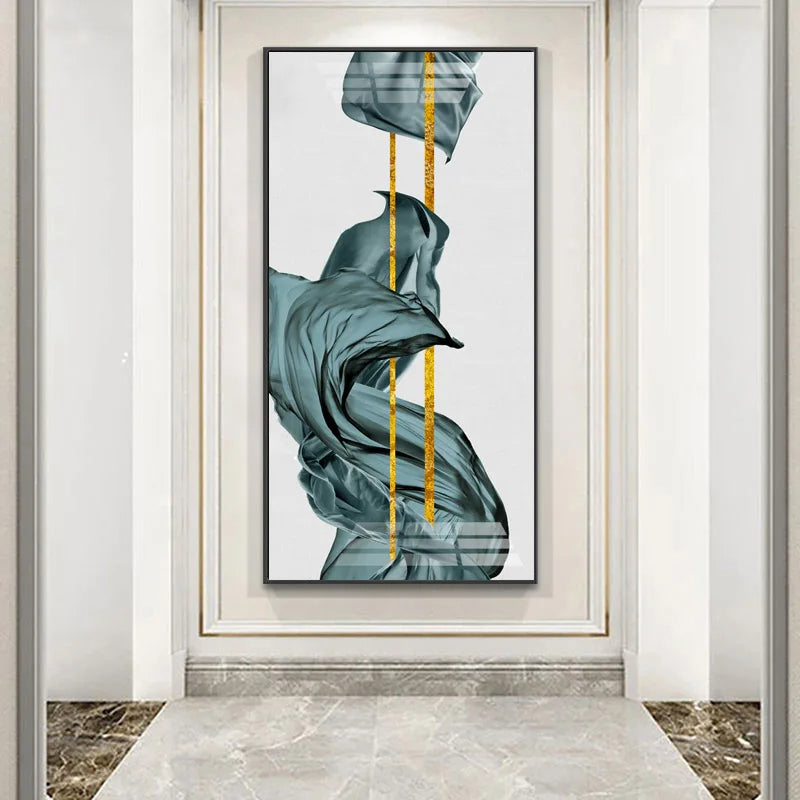 Modern Abstract Auspicious Golden Flowing Ribbon Wall Art Fine Art Canvas Prints Pictures For Living Room Entryway Reception Room Light Luxury Foyer Art Decor