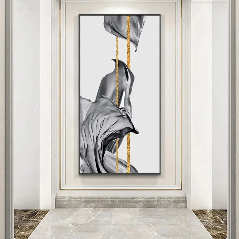 Modern Abstract Auspicious Golden Flowing Ribbon Wall Art Fine Art Canvas Prints Pictures For Living Room Entryway Reception Room Light Luxury Foyer Art Decor