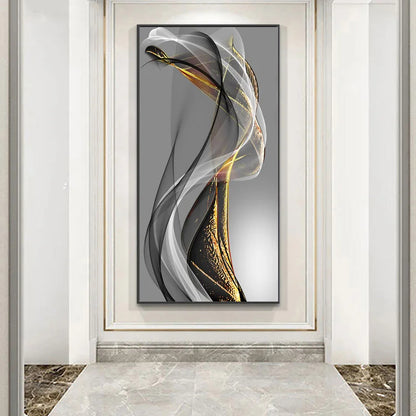 Modern Abstract Auspicious Golden Flowing Ribbon Wall Art Fine Art Canvas Prints Pictures For Living Room Entryway Reception Room Light Luxury Foyer Art Decor