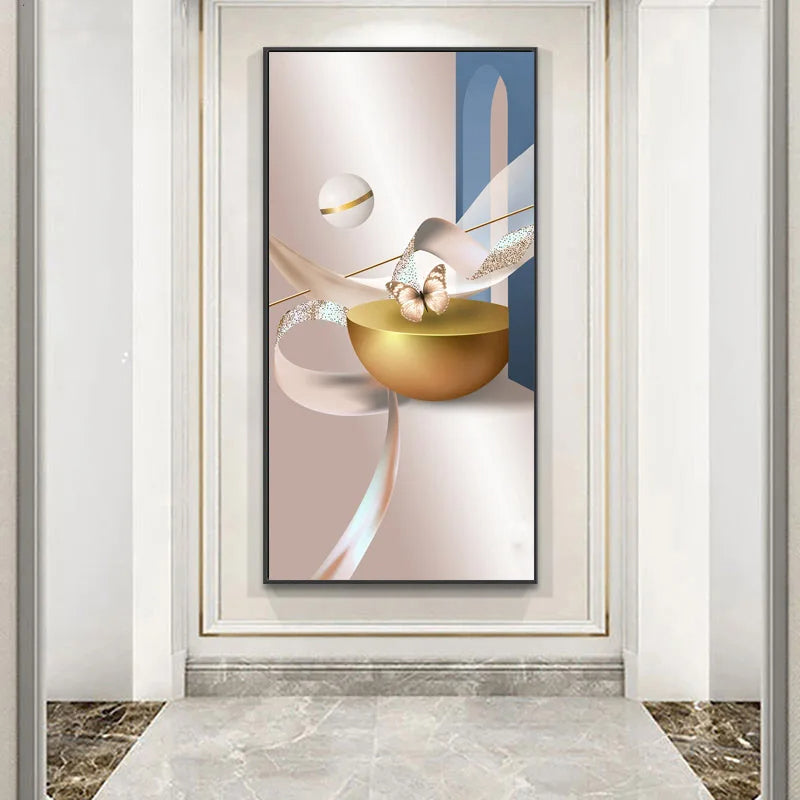 Modern Abstract Auspicious Golden Flowing Ribbon Wall Art Fine Art Canvas Prints Pictures For Living Room Entryway Reception Room Light Luxury Foyer Art Decor