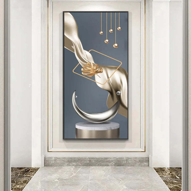 Modern Abstract Auspicious Golden Flowing Ribbon Wall Art Fine Art Canvas Prints Pictures For Living Room Entryway Reception Room Light Luxury Foyer Art Decor