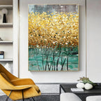 Abstract painting with gold and green colors in a living room setting.