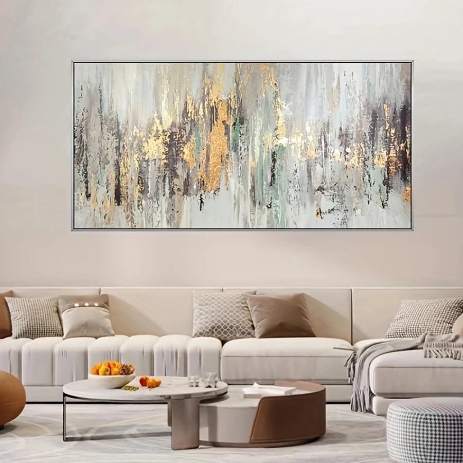 Living room with a large abstract painting on the wall above a sofa.