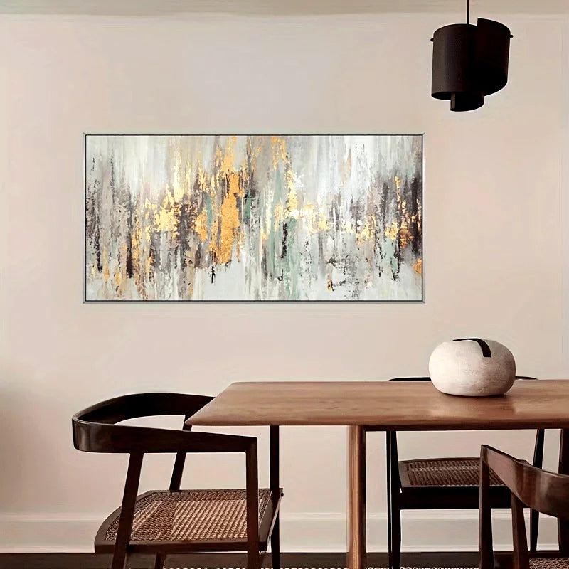 Abstract painting on a wall above a dining table with chairs.