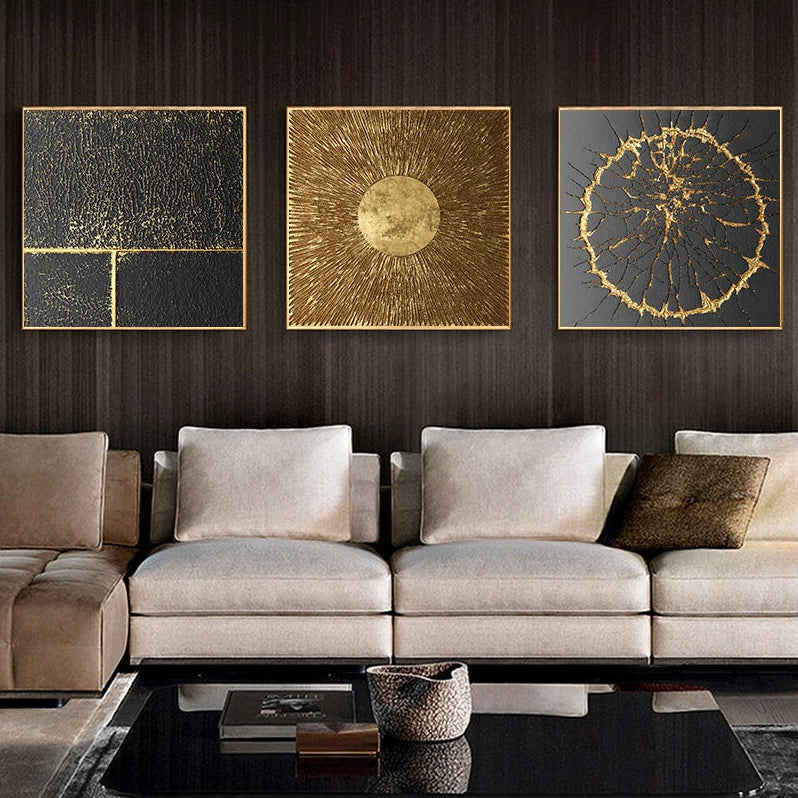 Modern Abstract Black Golden Geometric Wall Art Fine Art Canvas Prints Square Format Pictures For Living Room Dining Room Art For Home Office Decor