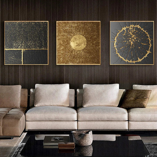 Modern Abstract Black Golden Geometric Wall Art Fine Art Canvas Prints Square Format Pictures For Living Room Dining Room Art For Home Office Decor