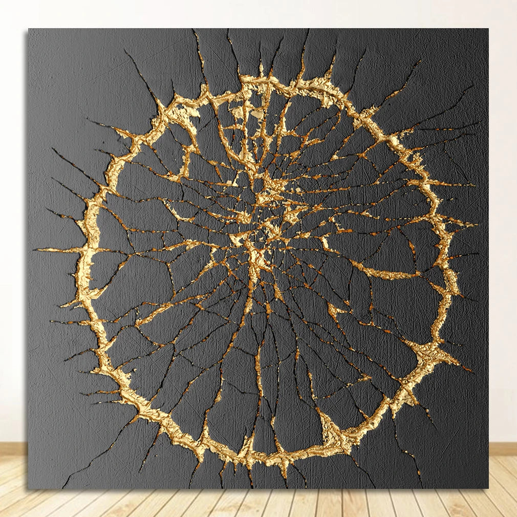 Modern Abstract Black Golden Geometric Wall Art Fine Art Canvas Prints Square Format Pictures For Living Room Dining Room Art For Home Office Decor