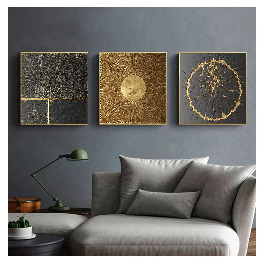 Modern Abstract Black Golden Geometric Wall Art Fine Art Canvas Prints Square Format Pictures For Living Room Dining Room Art For Home Office Decor