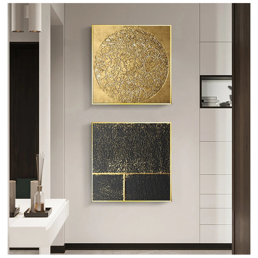 Modern Abstract Black Golden Geometric Wall Art Fine Art Canvas Prints Square Format Pictures For Living Room Dining Room Art For Home Office Decor