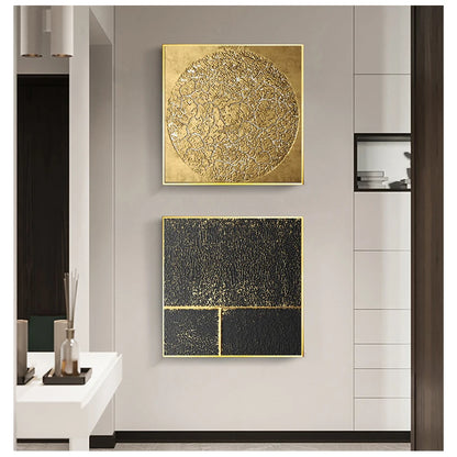 Modern Abstract Black Golden Geometric Wall Art Fine Art Canvas Prints Square Format Pictures For Living Room Dining Room Art For Home Office Decor