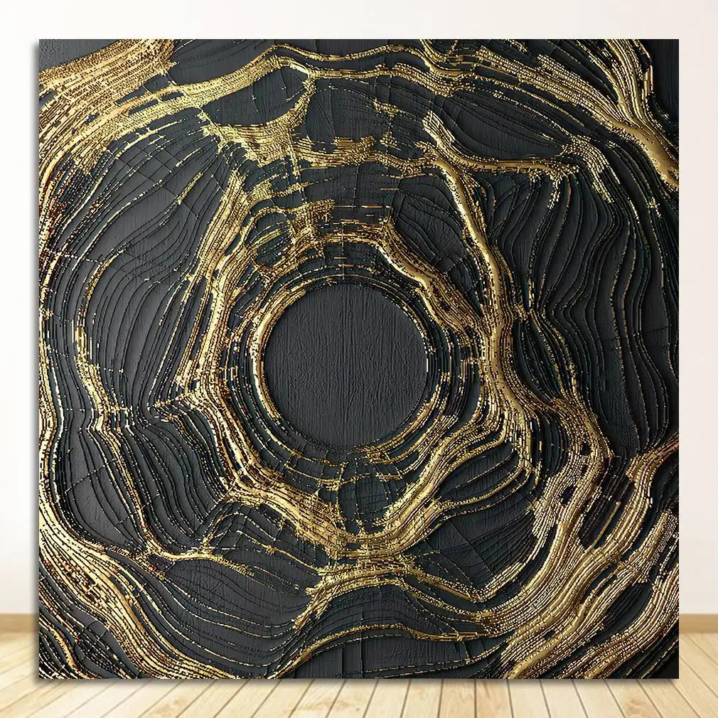 Modern Abstract Black Golden Geometric Wall Art Fine Art Canvas Prints Square Format Pictures For Living Room Dining Room Art For Home Office Decor