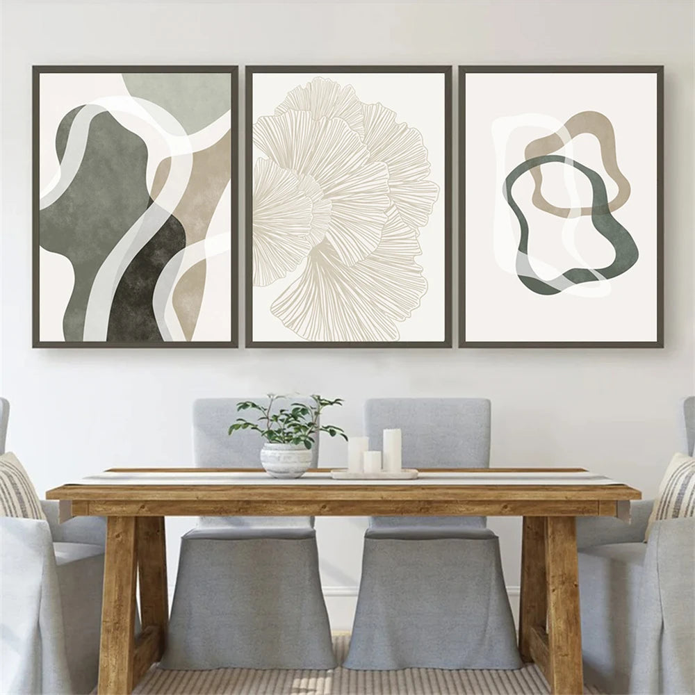 Modern Abstract Botanical Line Art Fine Art Canvas Prints Pastel Green Gray Beige Pictures For Living Room Dining Room Bedroom Art Decor
