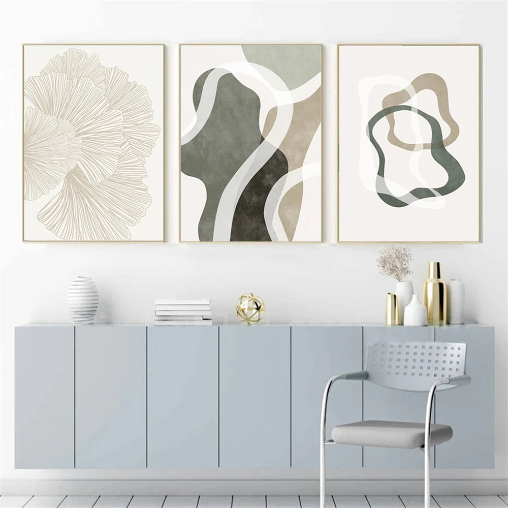 Modern Abstract Botanical Line Art Fine Art Canvas Prints Pastel Green Gray Beige Pictures For Living Room Dining Room Bedroom Art Decor