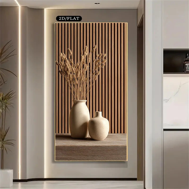 Decorative wall art with vases and plants in a modern interior setting