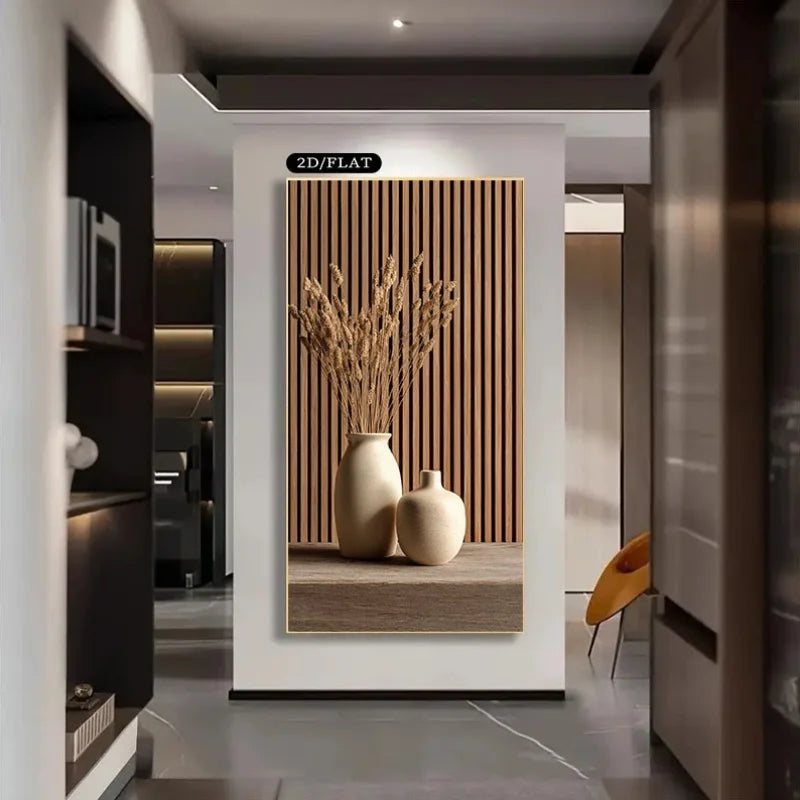 Decorative wall art with vases and plants in a modern interior setting
