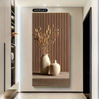 Decorative wall art with vases and a vase on a wooden panel in a modern interior setting.